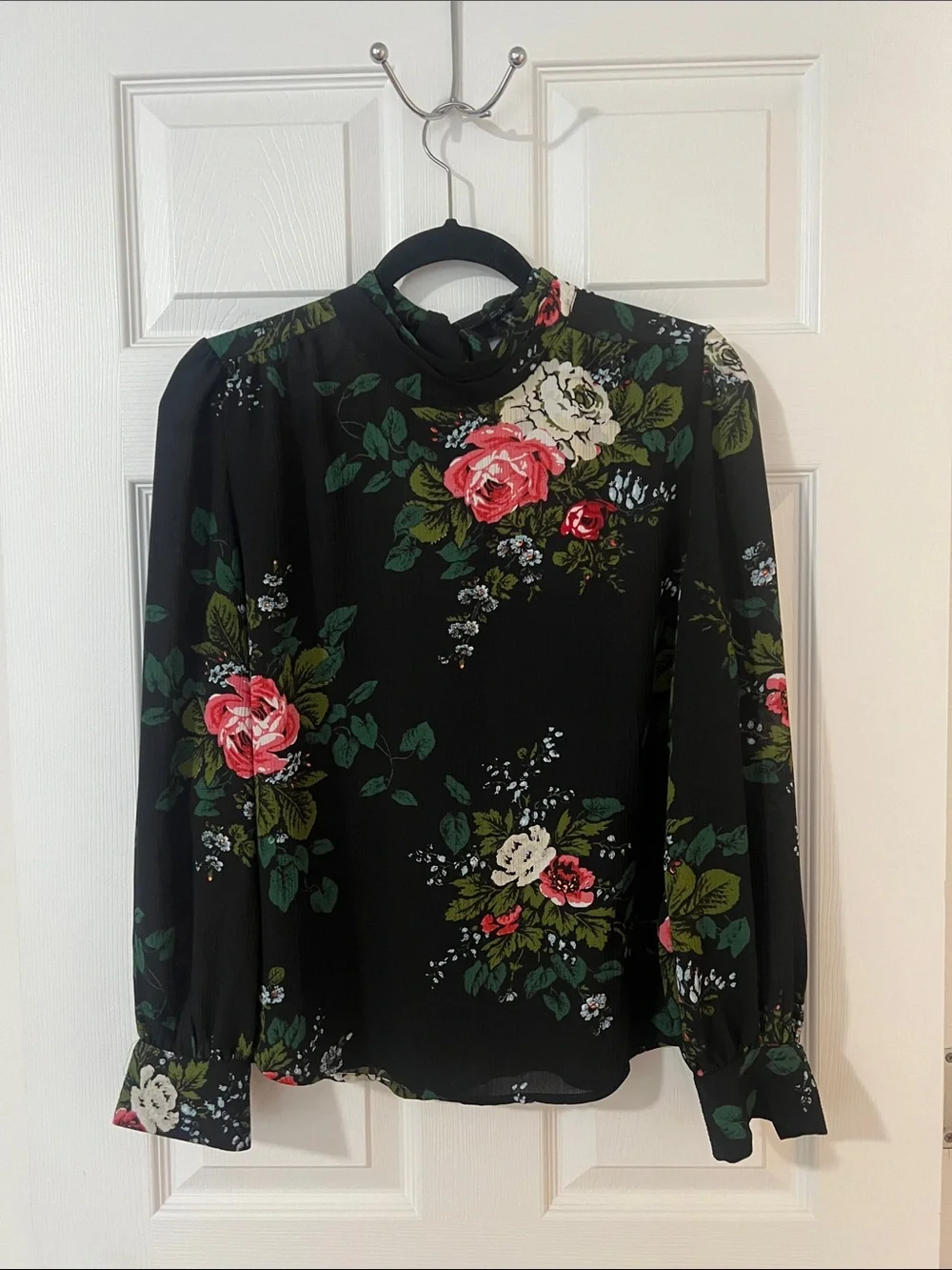 LOFT Black Floral High-Neck Long-Sleeve Blouse with Pink and Cream Roses